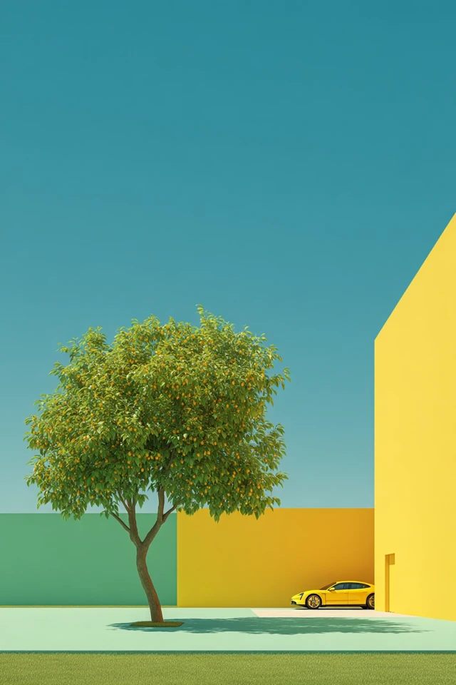 Minimalist Landscape with Yellow Car and Tree