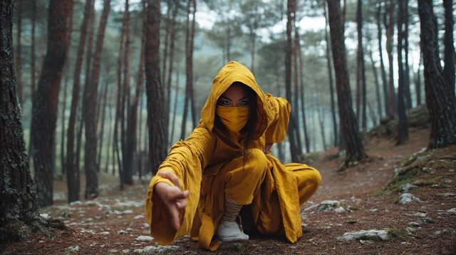 Asian Martial Artist in Yellow Robe in Forest