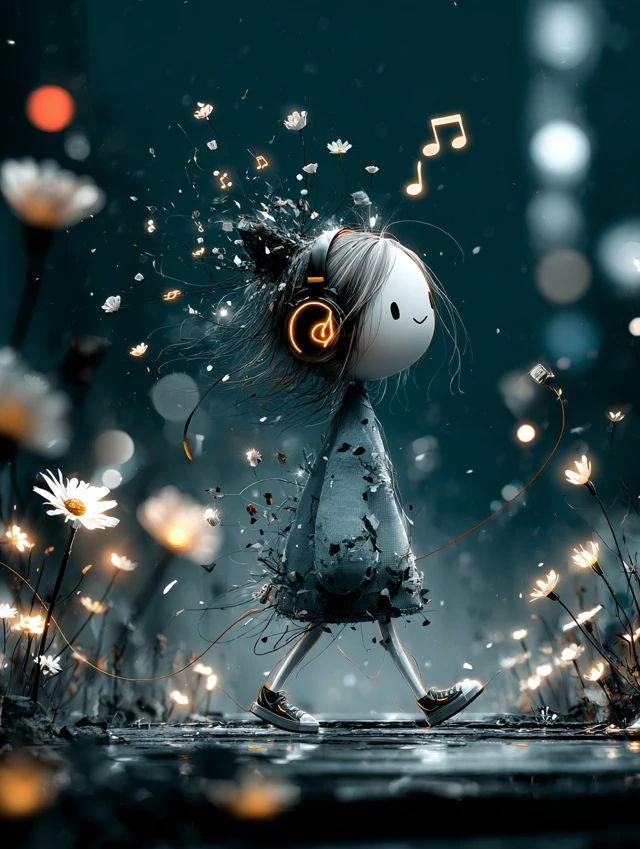 Cute Girl Listening to Music Smiling Walking