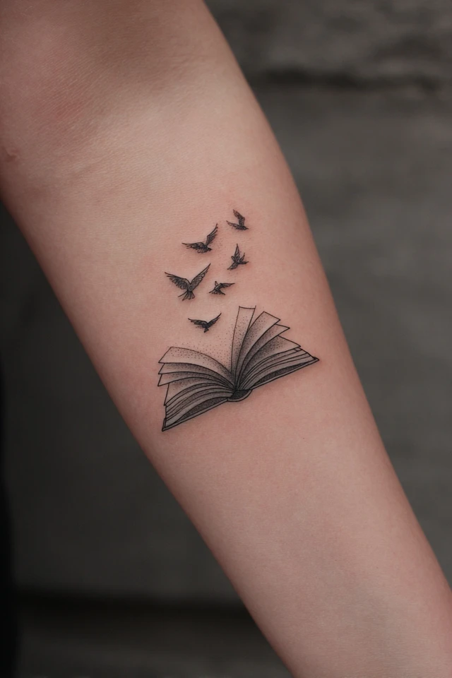 Book and Birds Tattoo Symbolizing Freedom and Knowledge