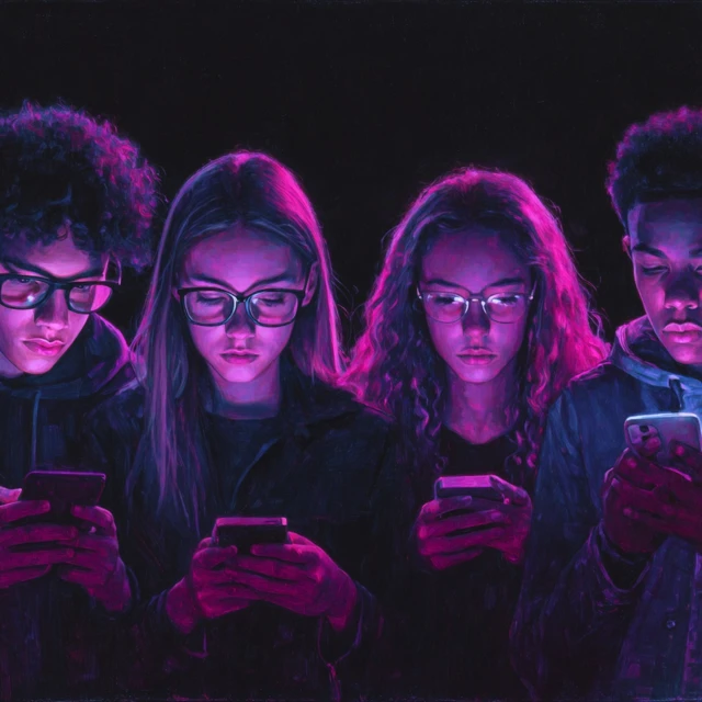 Teenagers on Phones Hyper Realistic Painting