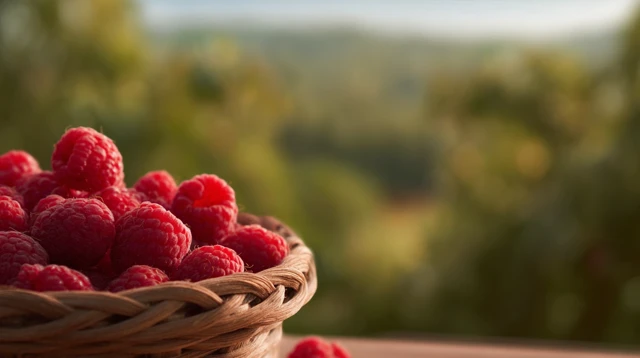Fresh Raspberries in a Basket Orchard Backdrop
