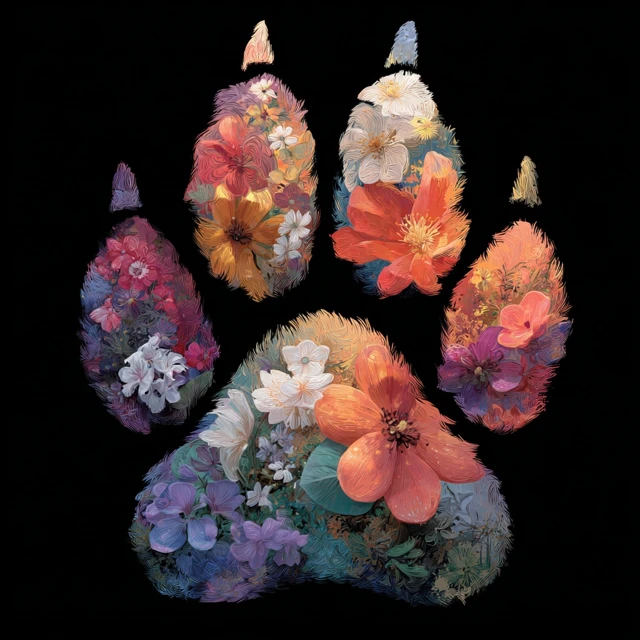 Fantasy Cat Paw Prints and Flowers Art