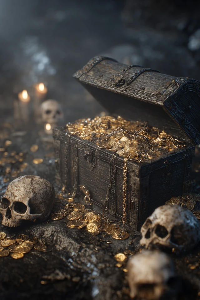 Treasure Chest in a Cave of Gold and Skulls