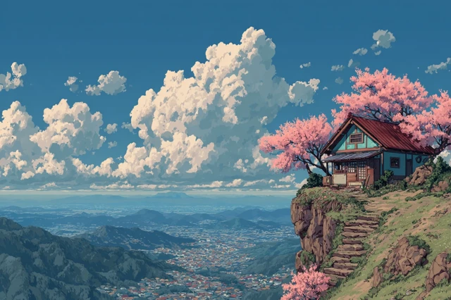 Anime House on Mountain Japanese Landscape Cherry Blossoms