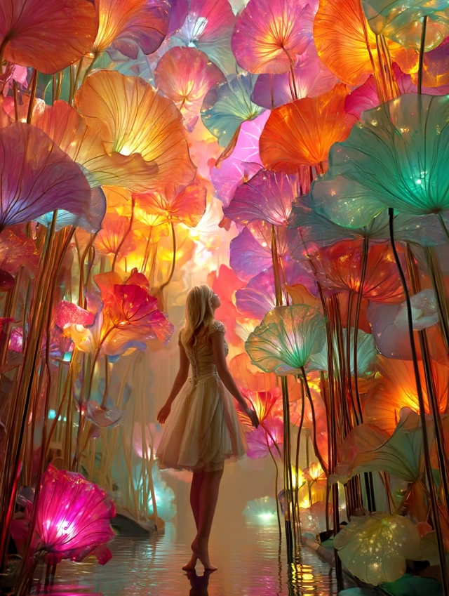 Dreamlike Lotus Forest: Woman in a Fairytale Landscape