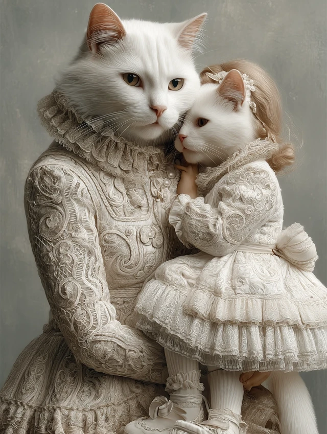 Mother and Daughter Cats in Dresses Tender Cuddle