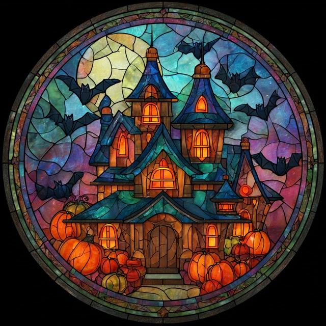 Halloween Stained Glass House Illustration