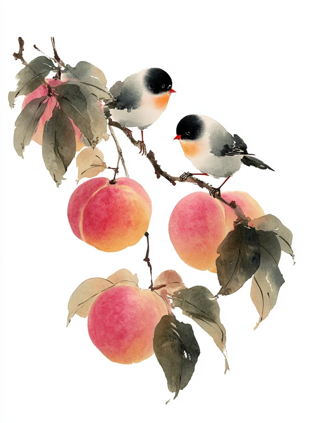 Chinese Ink Painting Birds and Peaches