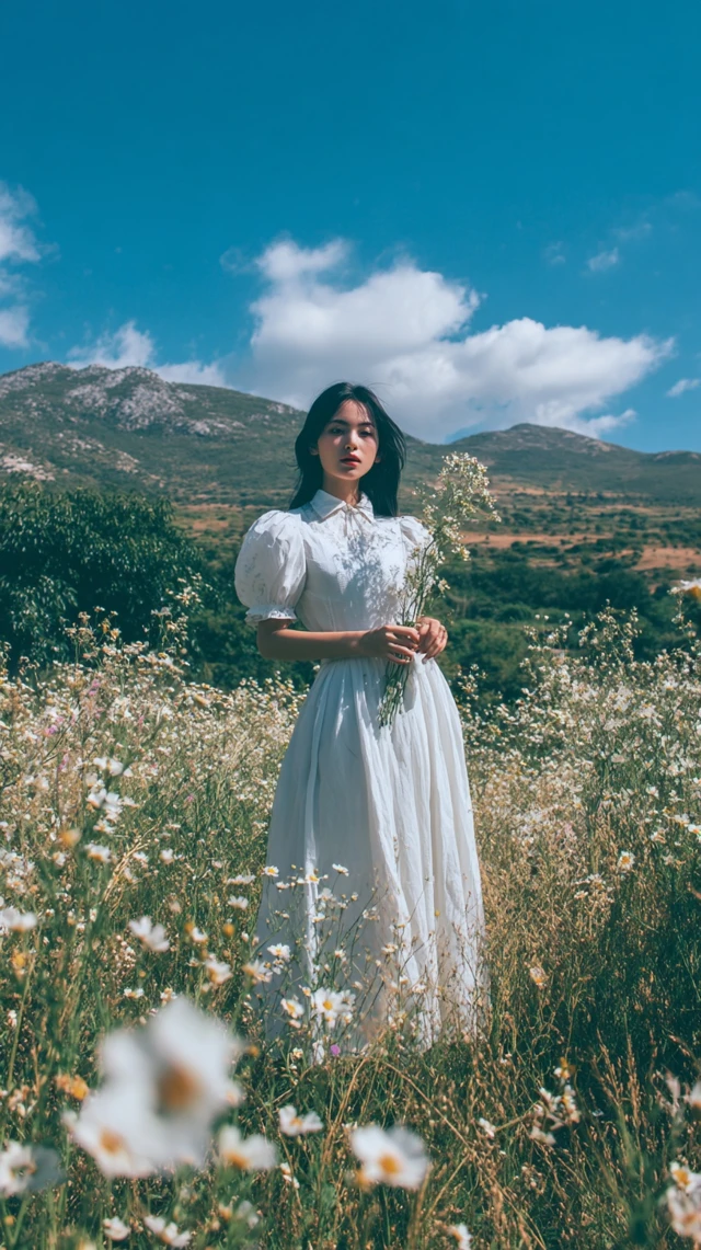 Woman in White Dress Nature Scene Serene Beauty