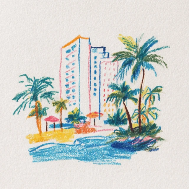 Crayon Drawing of a Hotel with Pool and Palm Trees