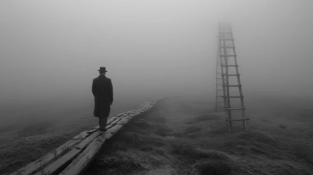 Solitary Man on Path Surreal and Melancholic