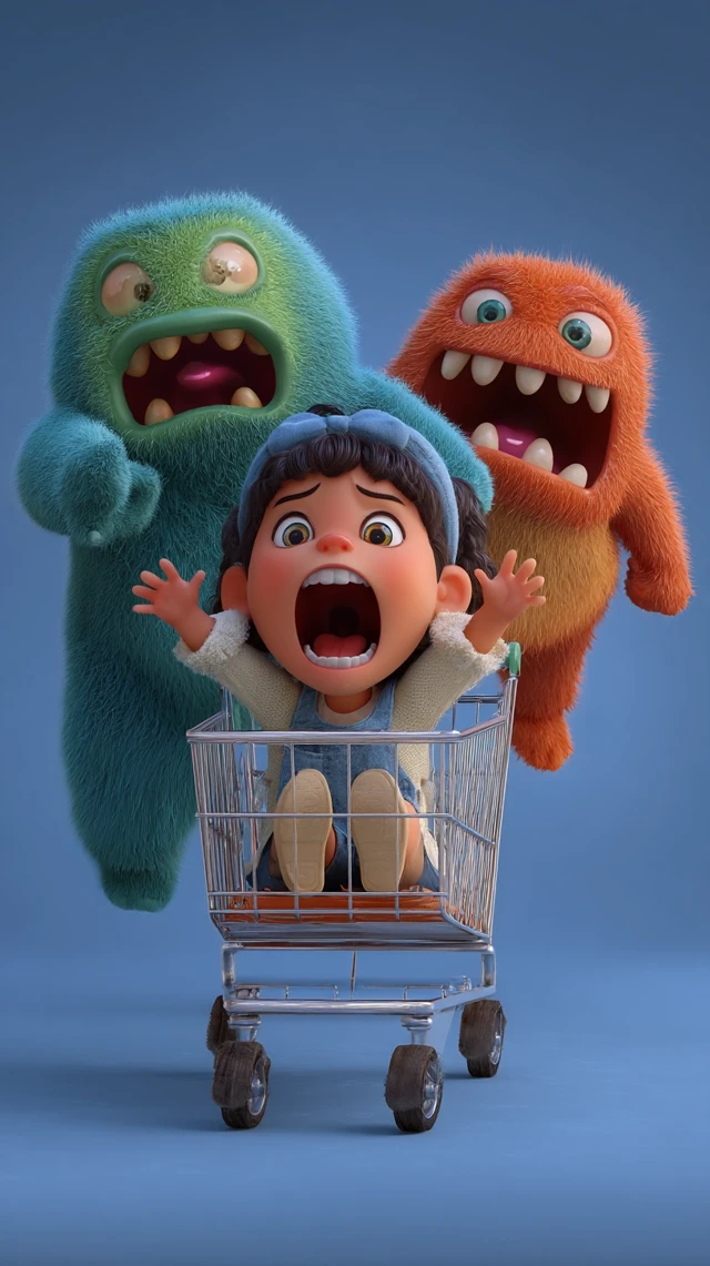 Girl in Shopping Cart Chased by Monsters 3D Cartoon