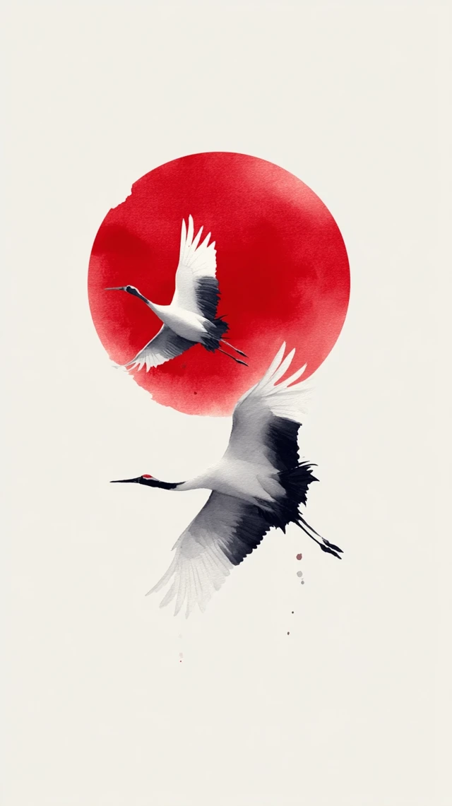 Japanese Crane Painting: Red Sun and White Cranes