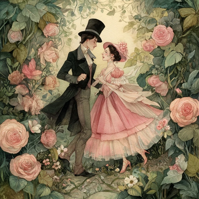 Victorian Couple Watercolor Painting in Rose Garden