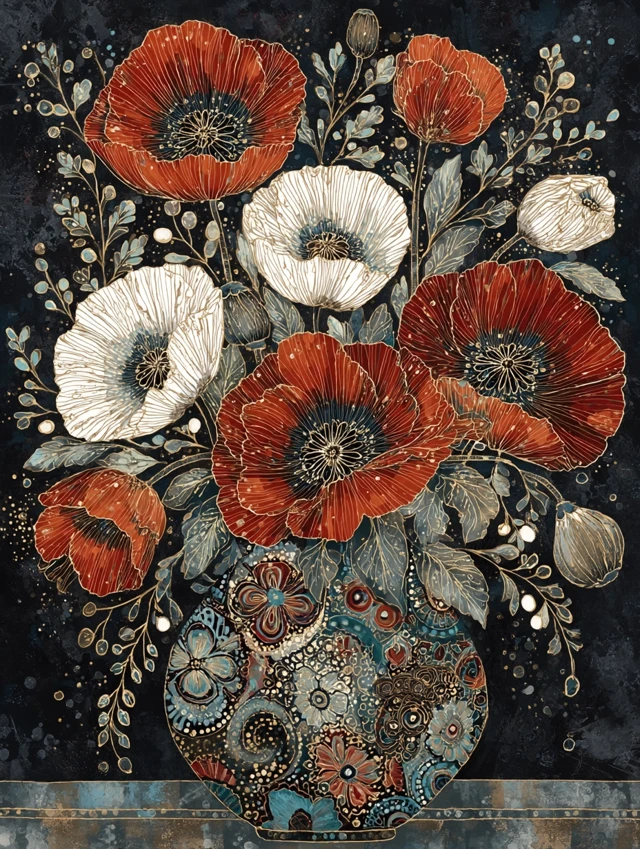 Whimsical Poppy Flowers in Vase Modern Art