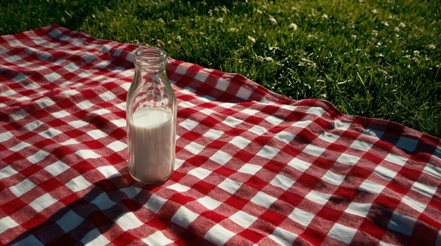 Picnic Scene Milk Bottle Red White Checkered Cloth