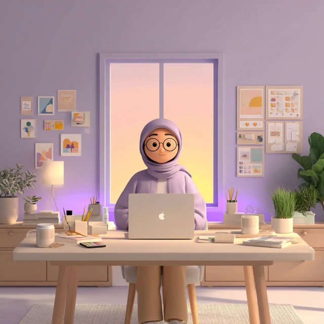 3D Pixar Woman Working at Desk with Sunset View