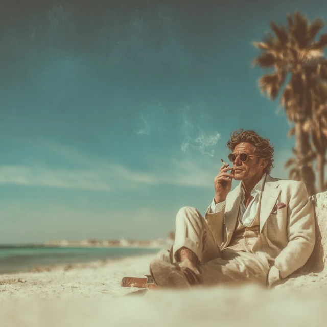 Man Smoking Cigar on Beach Alone Palm Trees