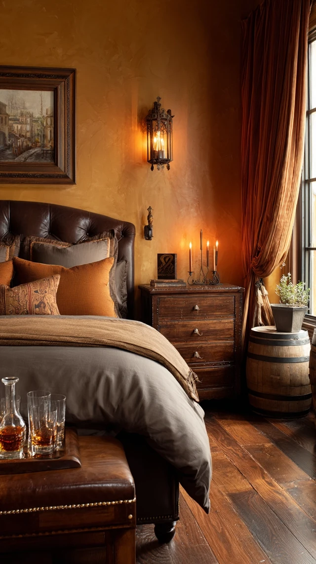 Cozy Bedroom Amber Walls Walnut Furniture
