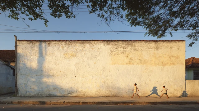 Brazilian Street Scene Children Running Golden Hour