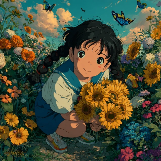 Mei in a Flower Bed Retro Anime Illustration