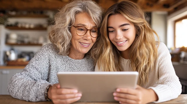 Elderly Woman Learning Tablet with Grandchild