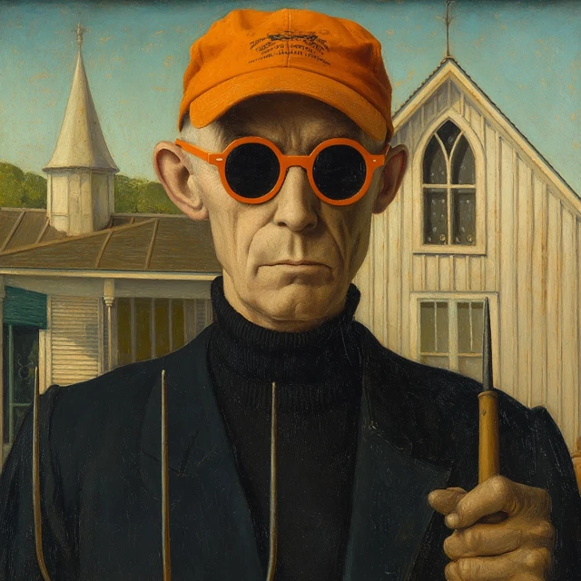 American Gothic Parody Man in Black with Pitchfork