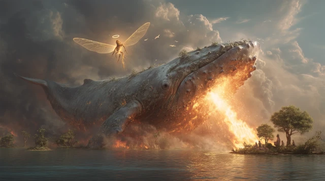 Epic Fantasy Scene Leviathan Fire Angel Hippo Tree