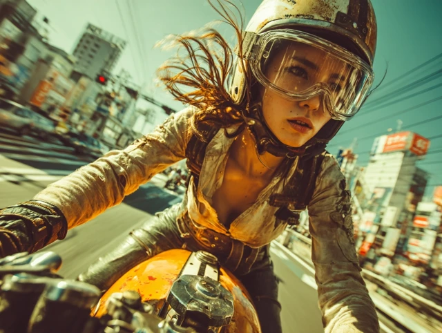 Japanese Woman on Retro Futuristic Motorbike Racing