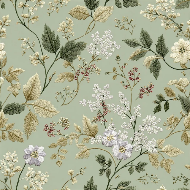 Embroidered Floral Pattern Sage Green Beige Delicate Details