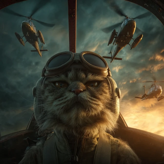 Angry Cat Pilot in Helicopter Action Scene