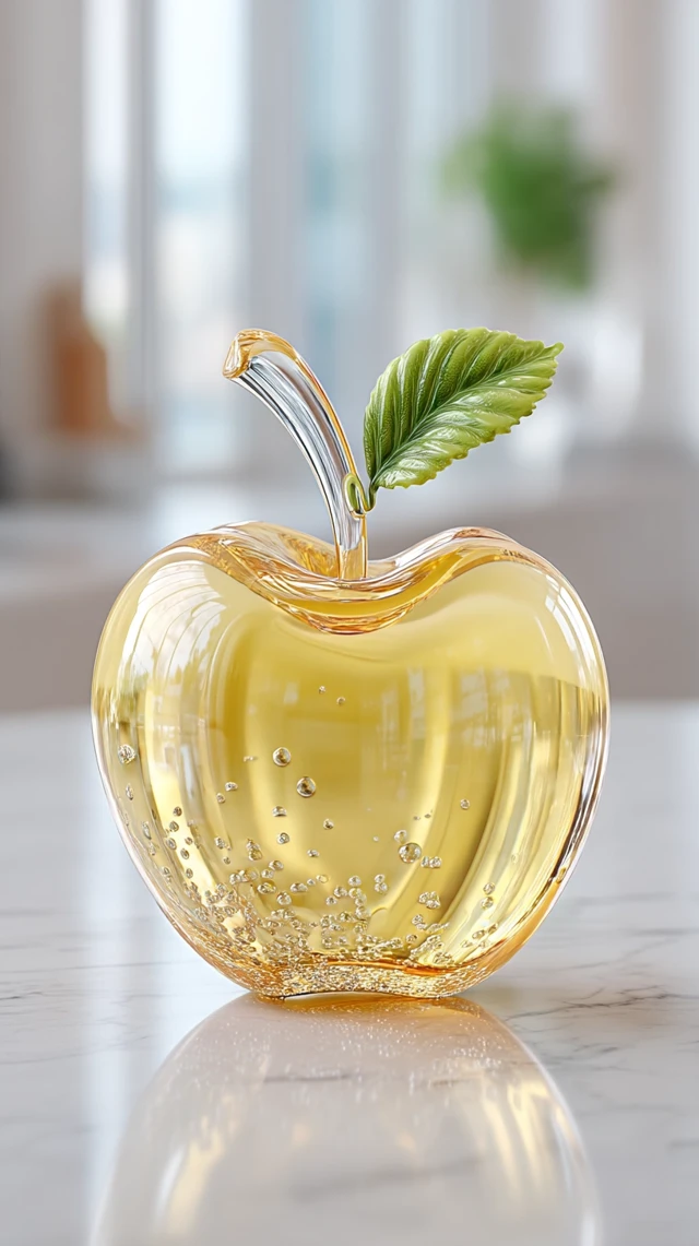 Glass Apple on Marble Table Hyper Realistic Image