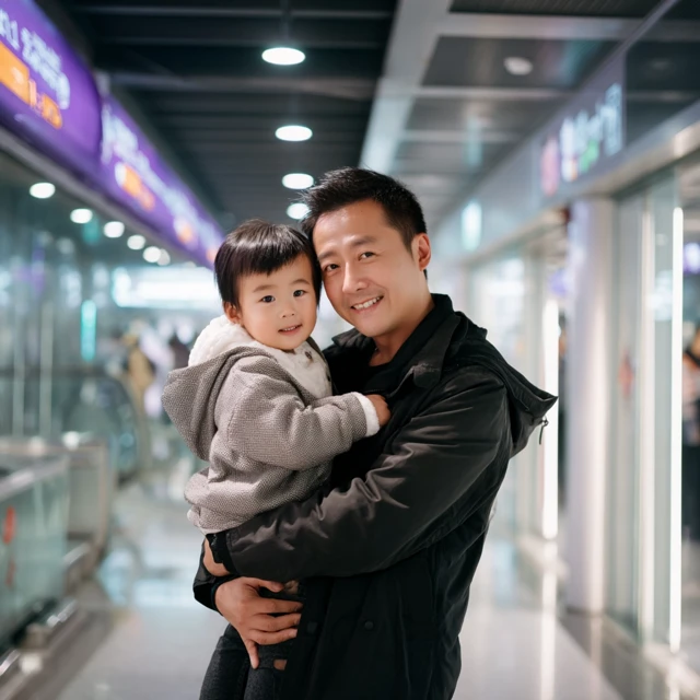 Chinese Father and Child in Subway Station