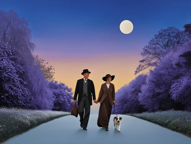 Victorian Couple Walking Dog on a Moonlit Path
