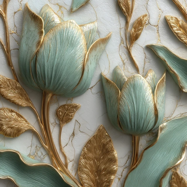 3D Mint Green and Gold Tulip Wall Art