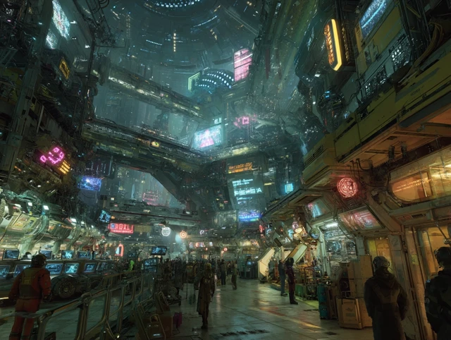 Cyberpunk Cortex Bazaar Marketplace Illustration