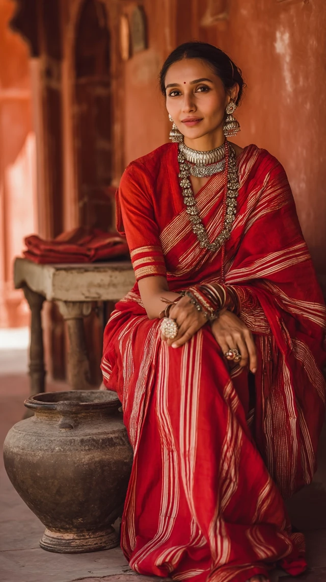 Indian Woman in Red Saree Vogue Photoshoot