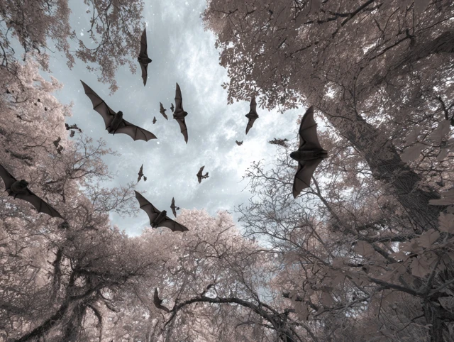 Bats Flying in Woodland Infrared Image