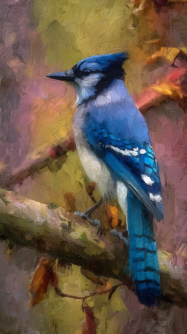 Impasto Painting of a Blue Jay on a Branch