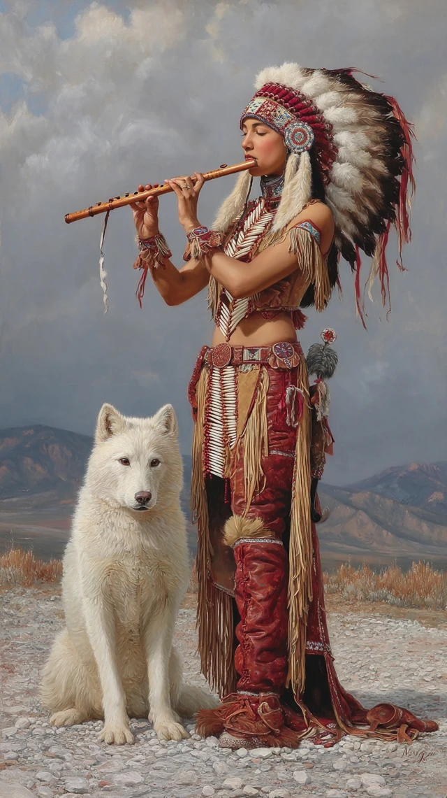 Native American Woman and White Wolf