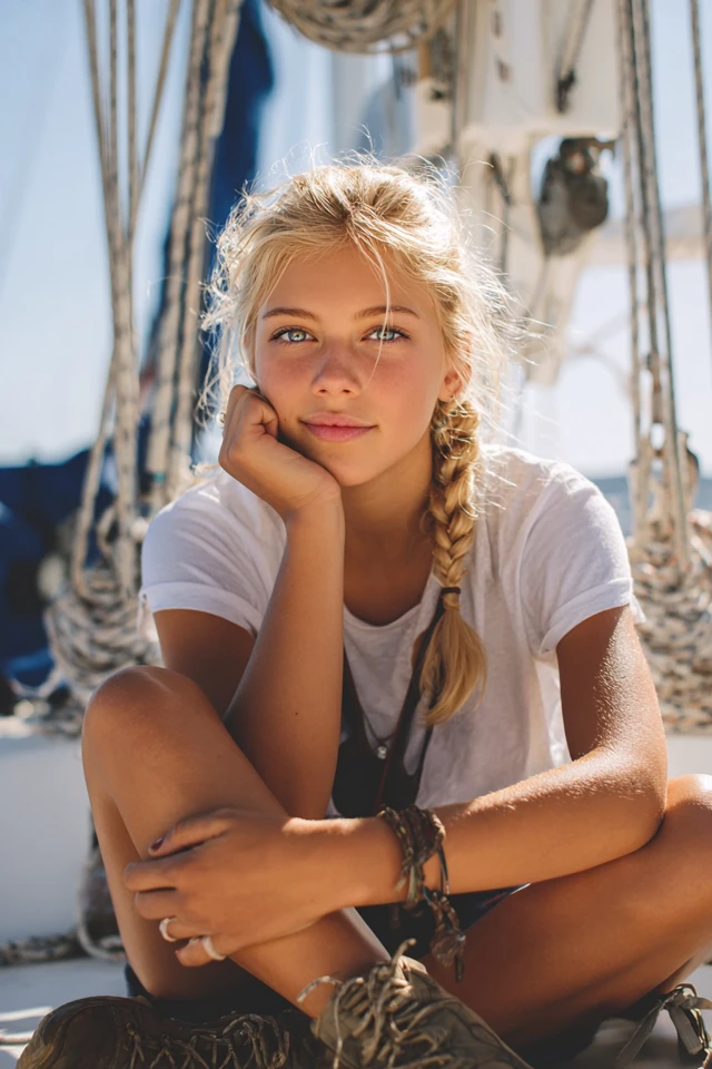Blonde Girl Relaxing on a Sailboat in Santorini Greece