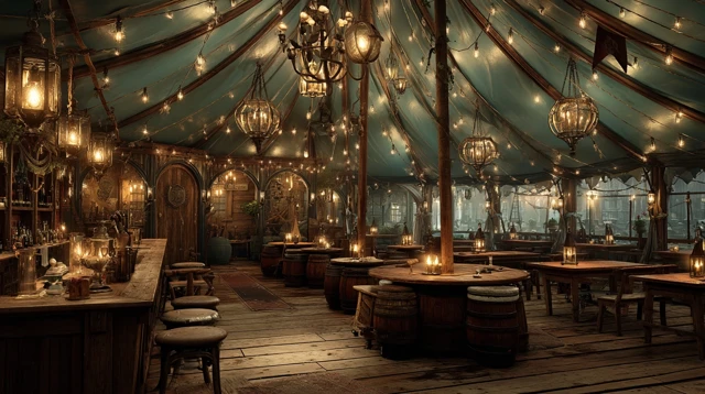 Fisher Pub Interior Under Tent: Cinematic and Hyperrealistic