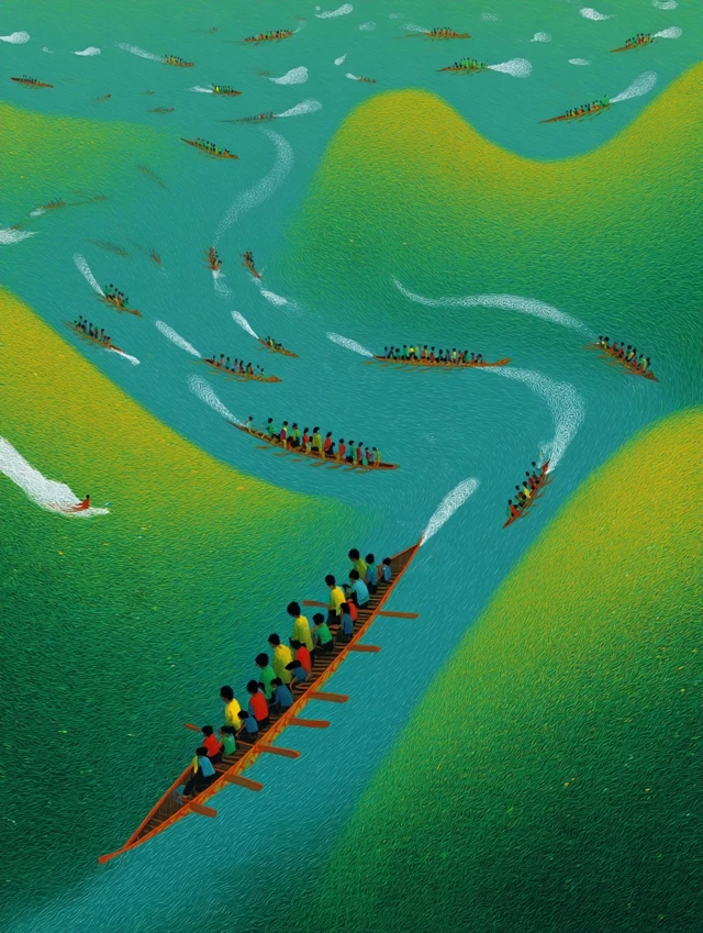 Chinese Landscape Dragon Boat Illustration