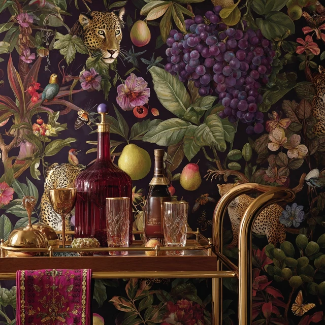Bohemian Luxe Bar Cart Tropical Wallpaper Interior Design