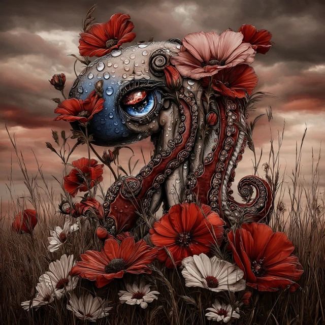 Blue Octopus in Flower Field Illustration Art