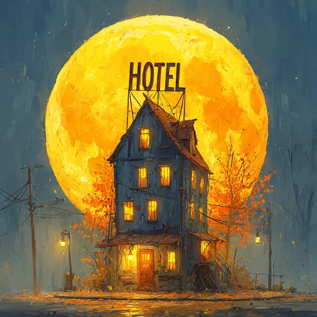 Vintage Hotel Under Full Moon Dreamlike Scene