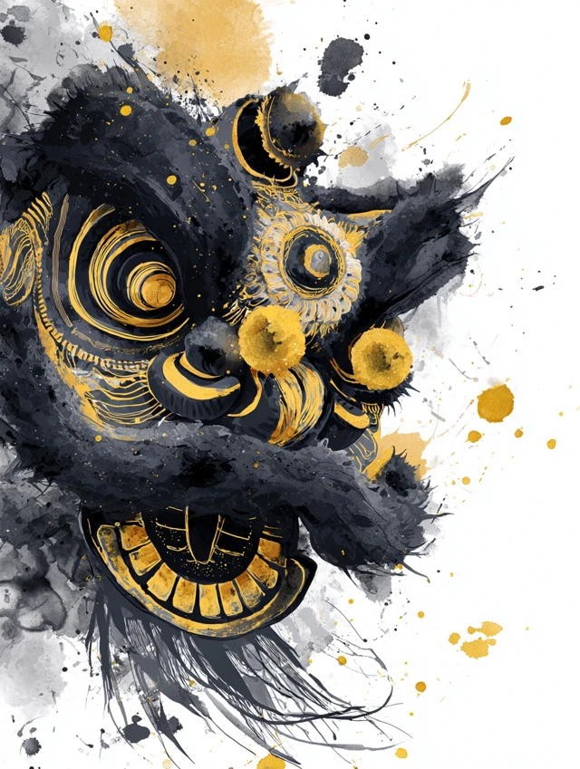 Chinese Lion Dance Ink Painting with Gold Accents