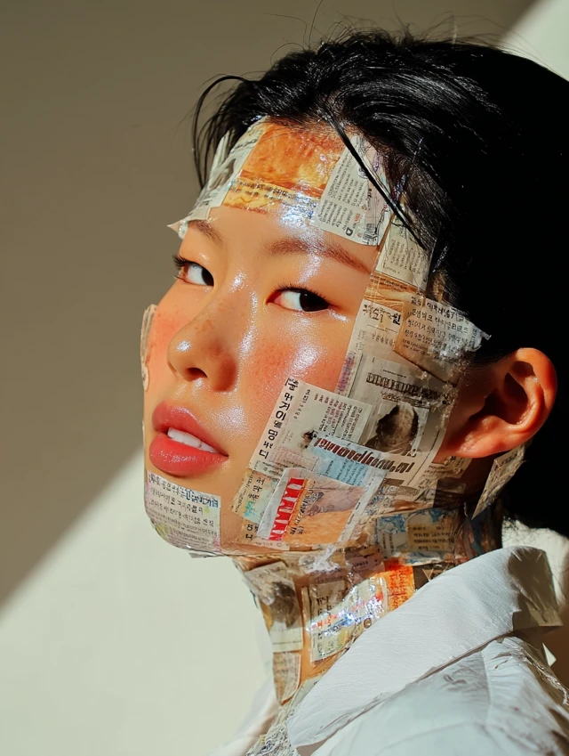 Korean Woman with Stickers on Face