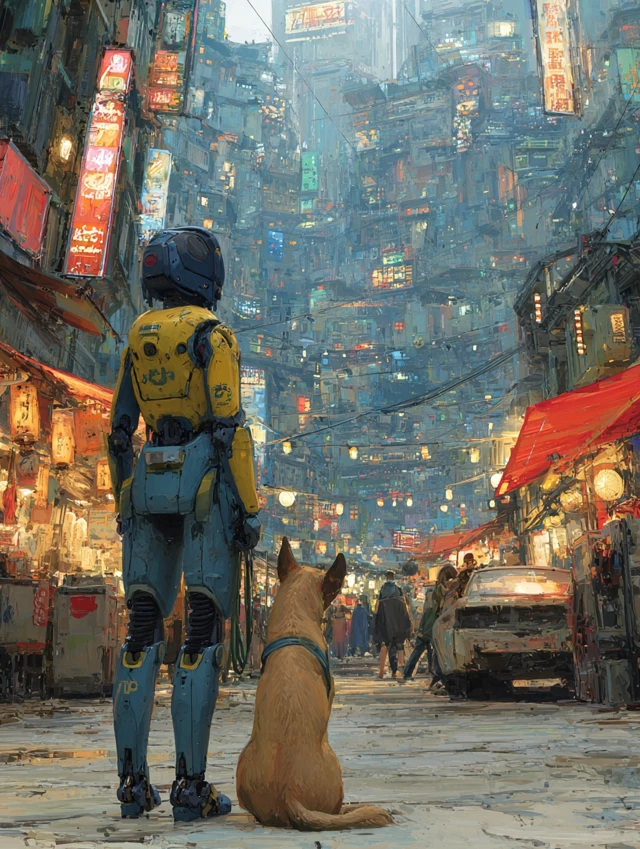 SciFi City Scene Humanoid and Dog